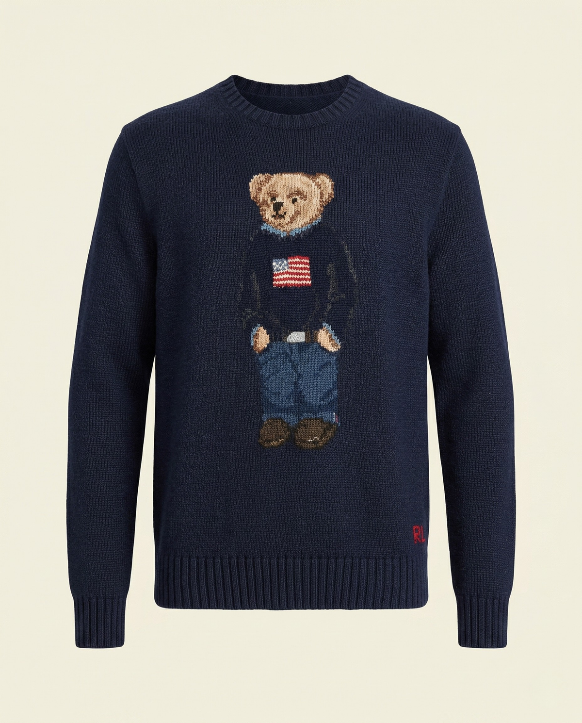St. Martin Co RL Navy Bear Intarsia Crew Knit — front view