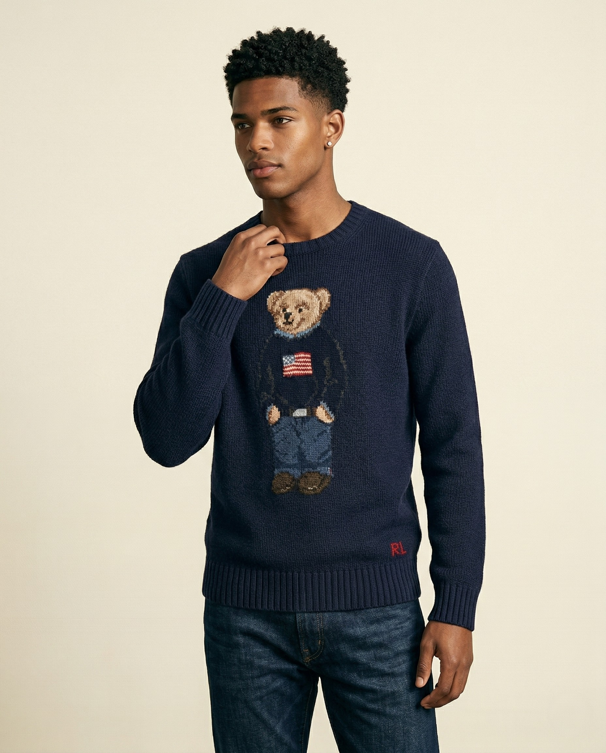 St. Martin Co RL Navy Bear Intarsia Crew Knit — back view