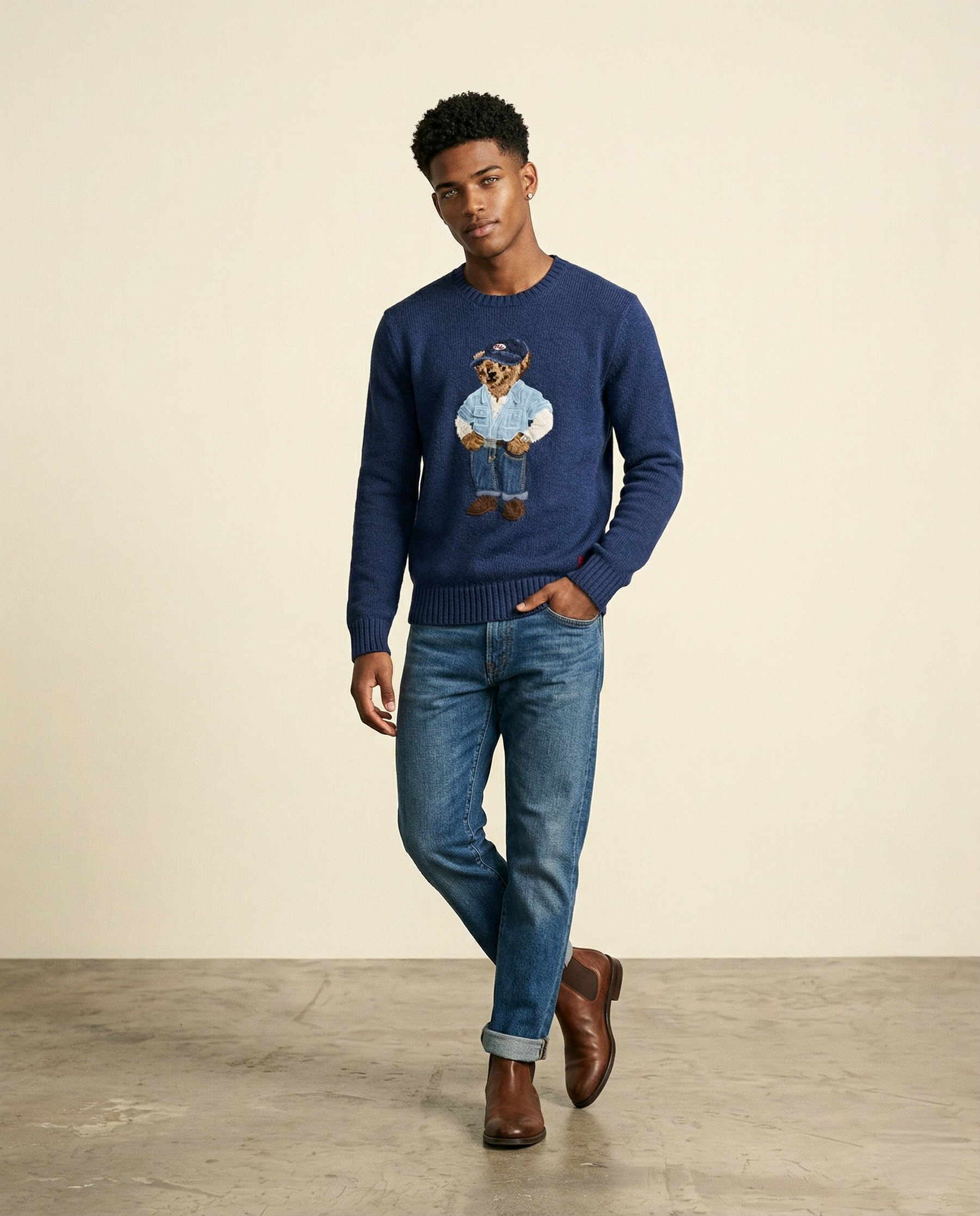 St. Martin Co RL Denim Bear Crewneck Knit Sweater — detail view