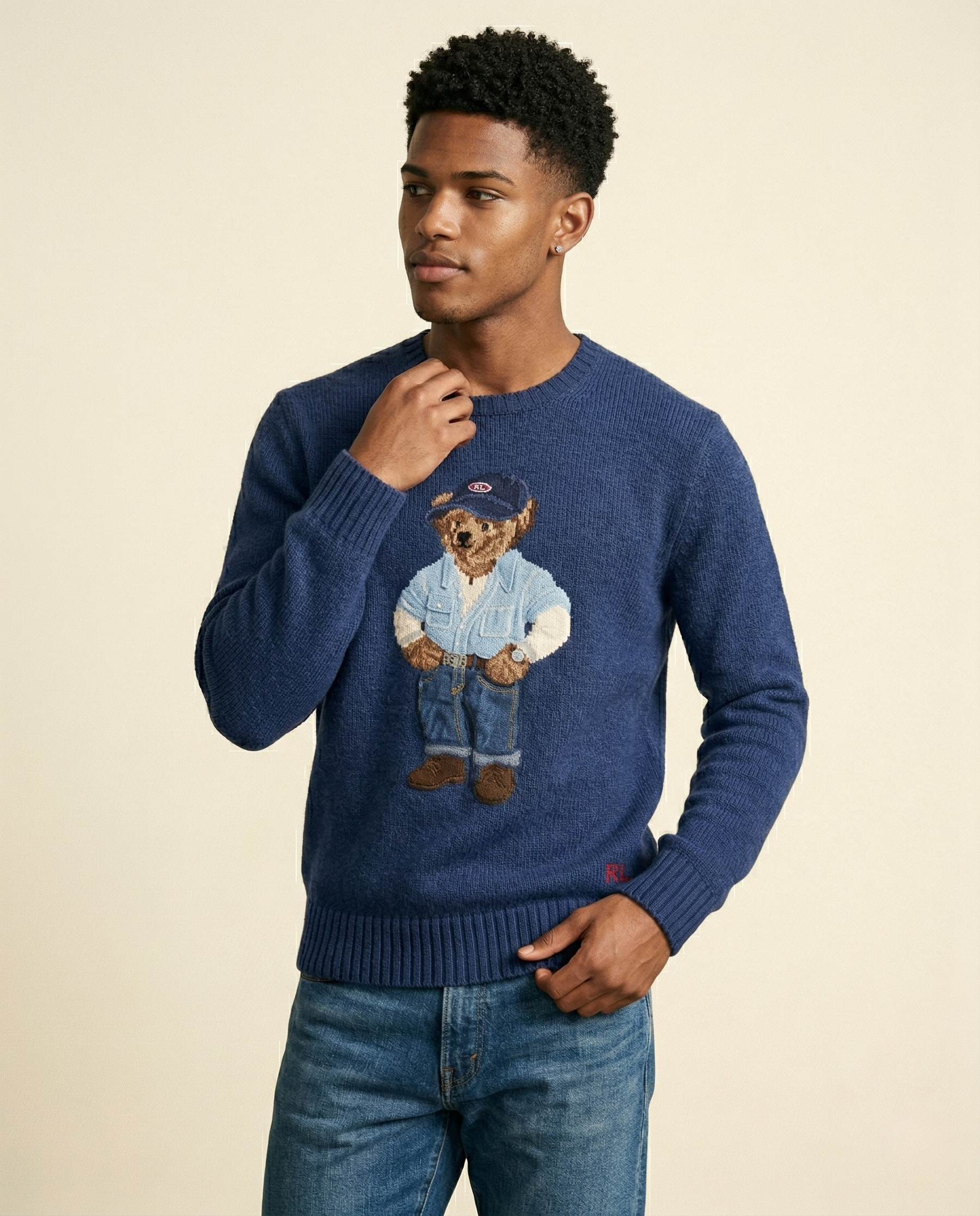 St. Martin Co RL Denim Bear Crewneck Knit Sweater — back view