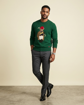 St. Martin Co RL Forest Green Bear Intarsia Crewneck — detail view