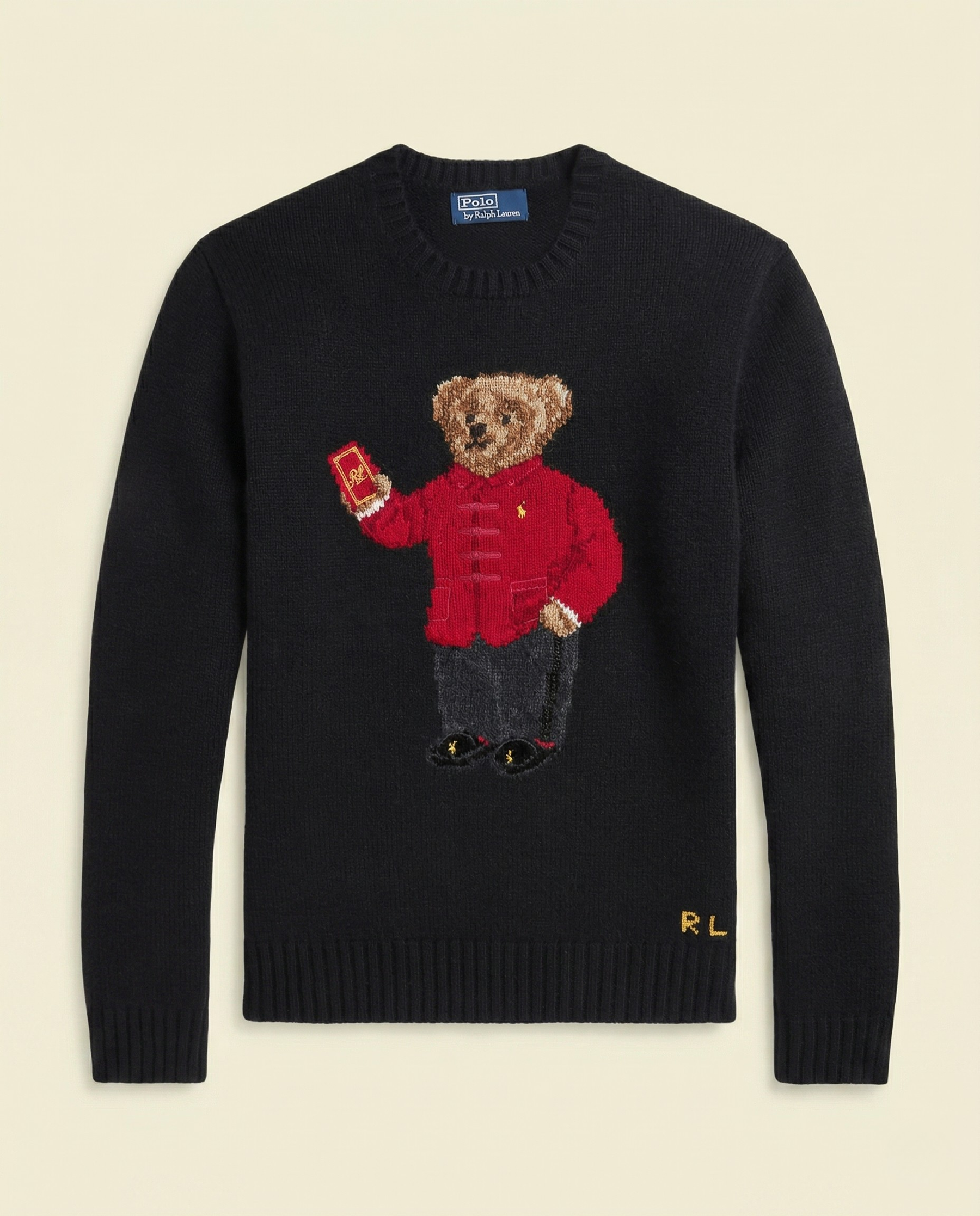 St. Martin Co RL Black Bear Intarsia Crew Knit — front view