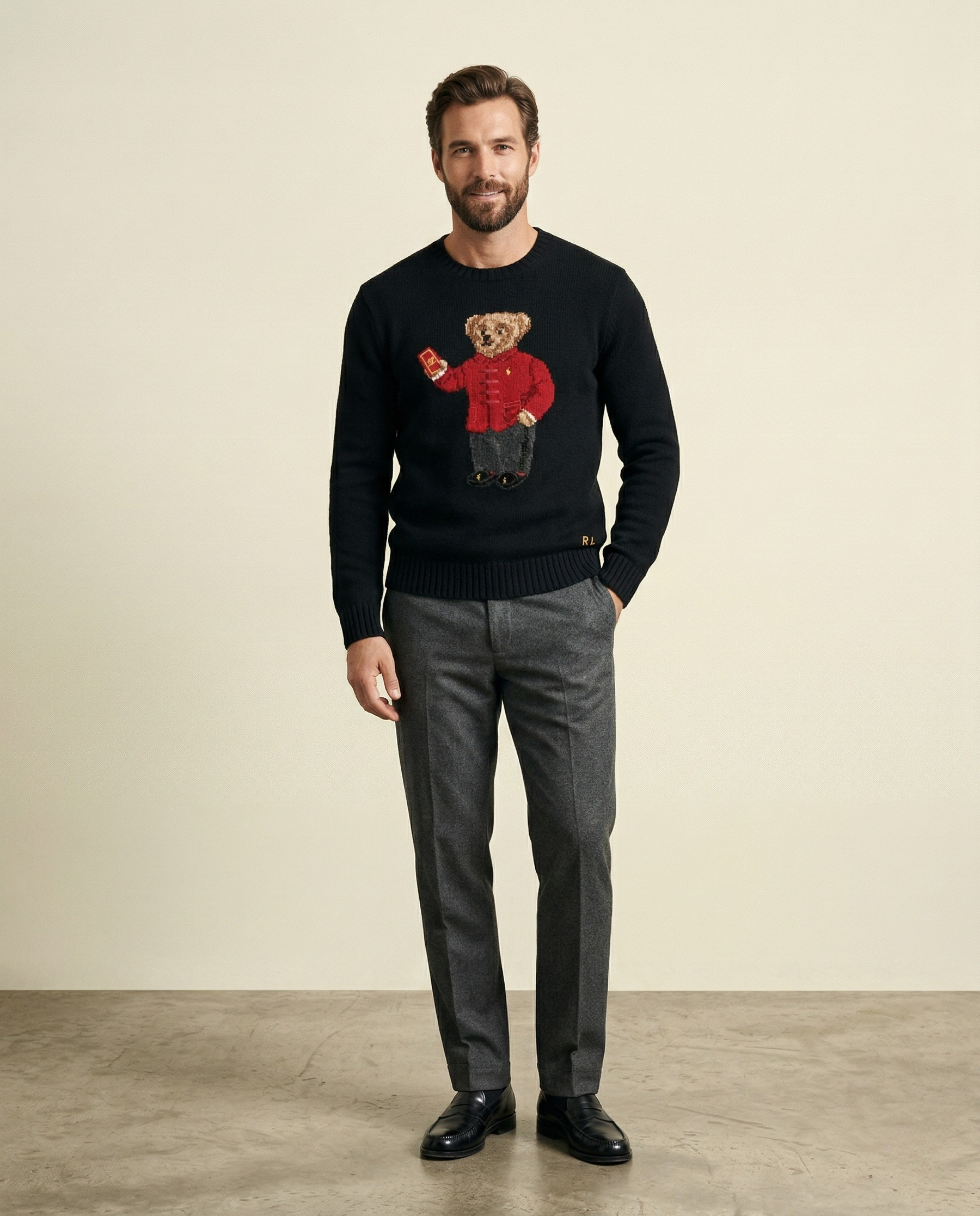 St. Martin Co RL Black Bear Intarsia Crew Knit — detail view