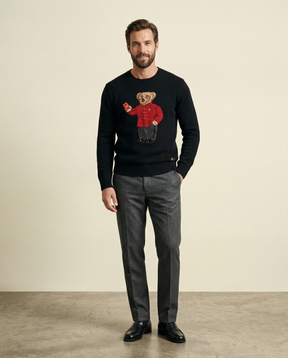 St. Martin Co RL Black Bear Intarsia Crew Knit — detail view