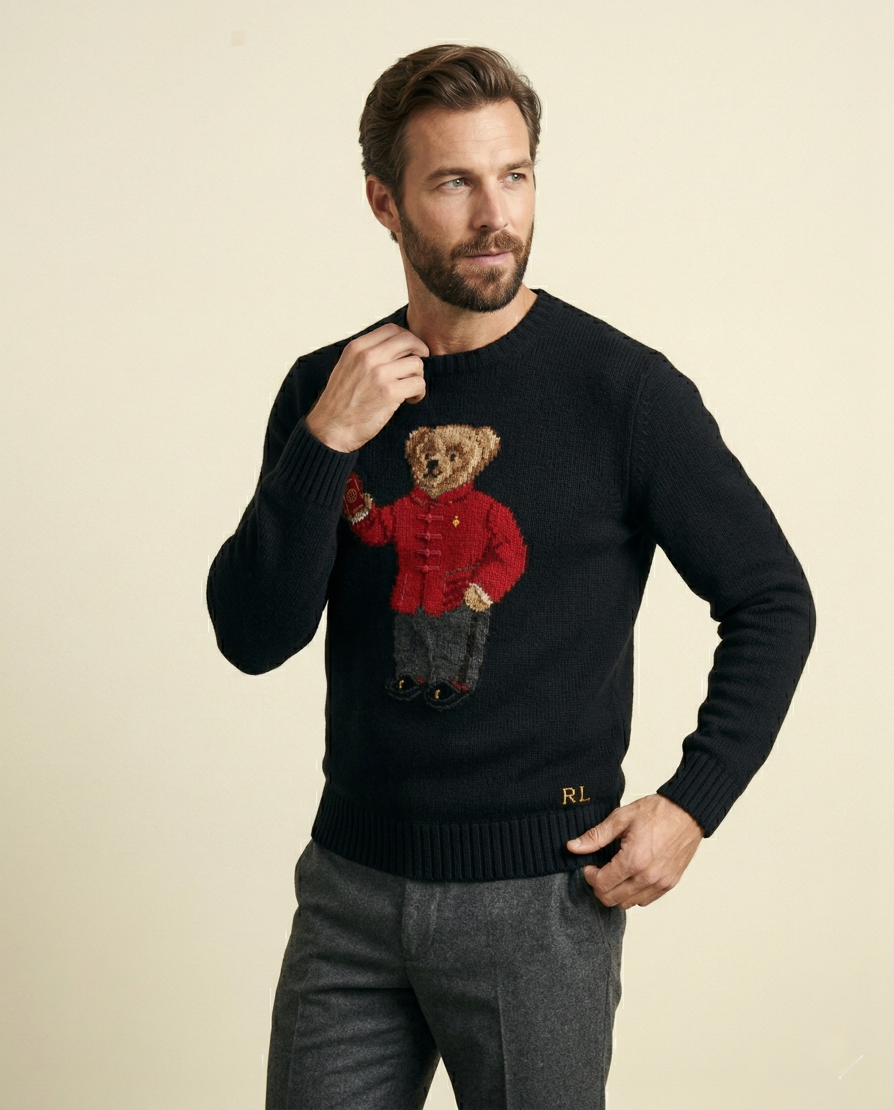 St. Martin Co RL Black Bear Intarsia Crew Knit — back view