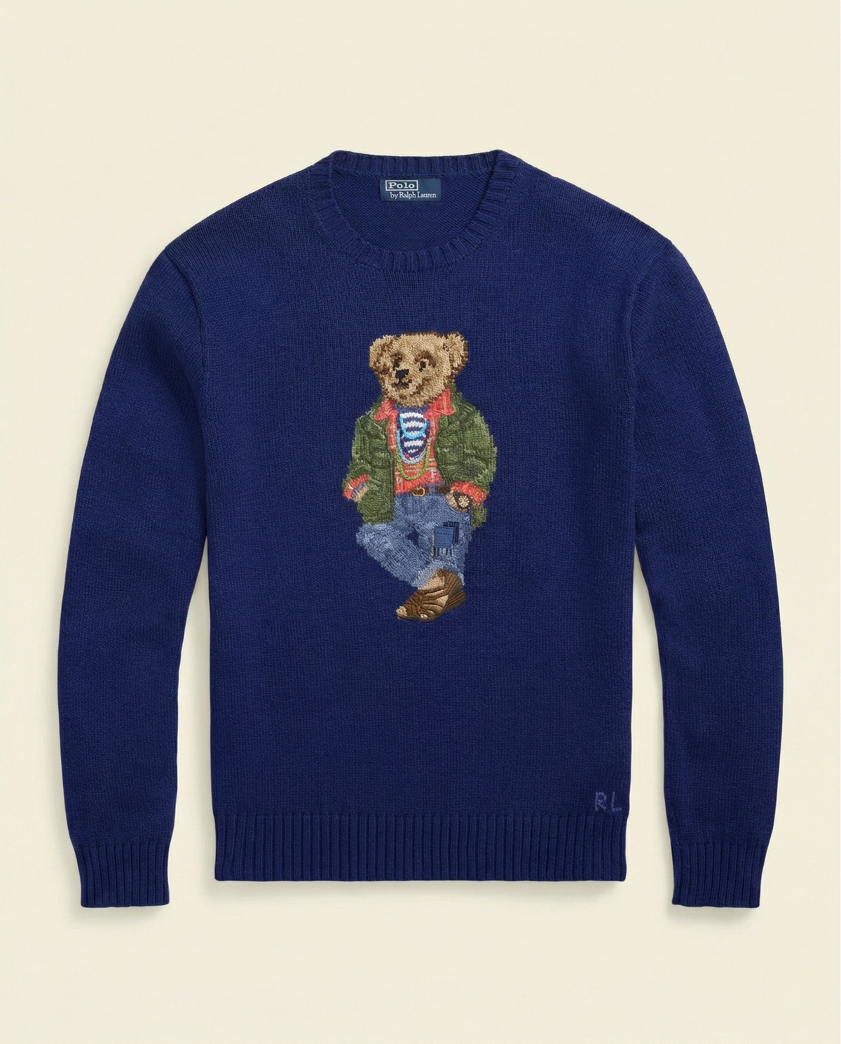 St. Martin Co RL Bear Intarsia Navy Crewneck Knit — front view