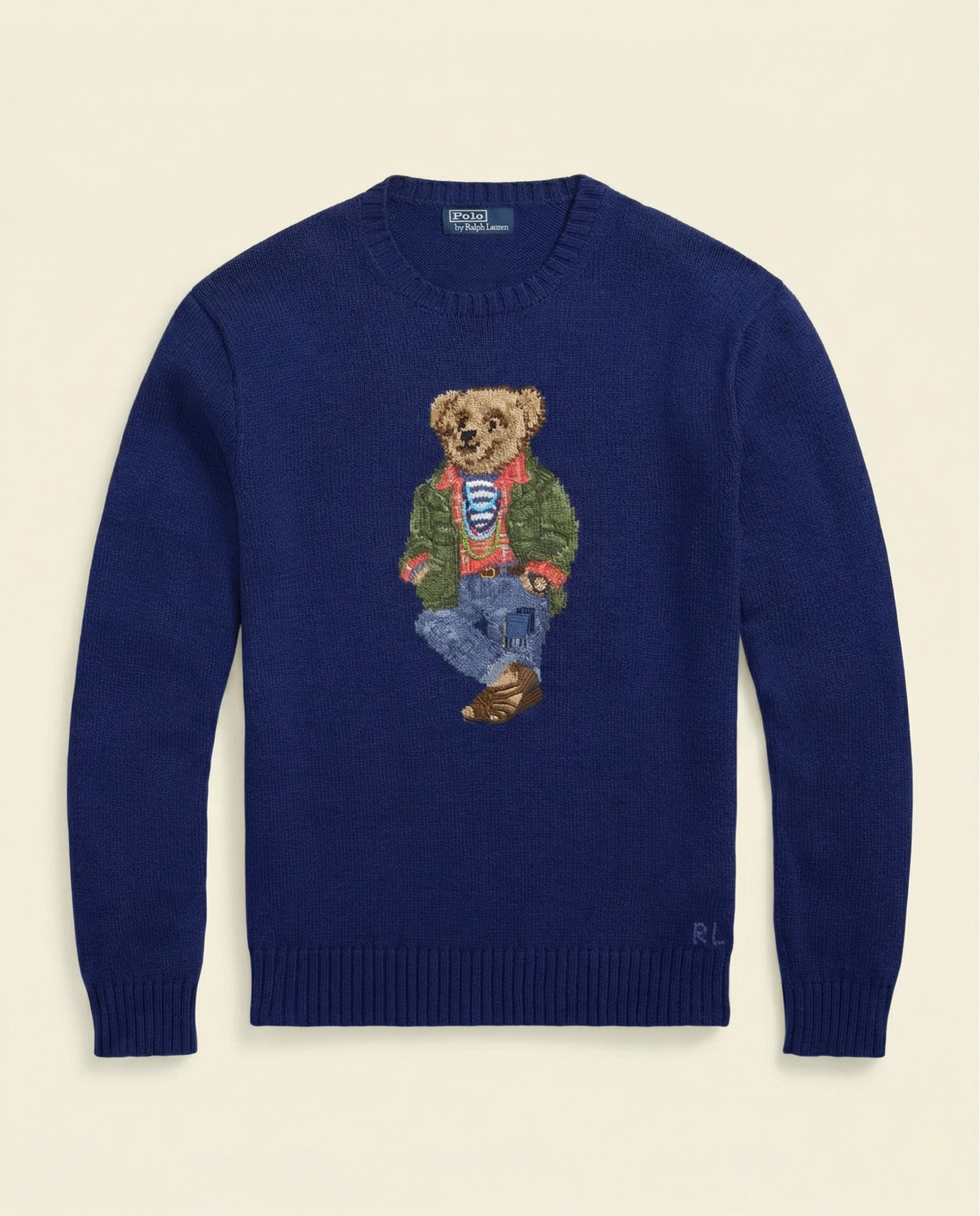 St. Martin Co RL Bear Intarsia Navy Crewneck Knit — front view