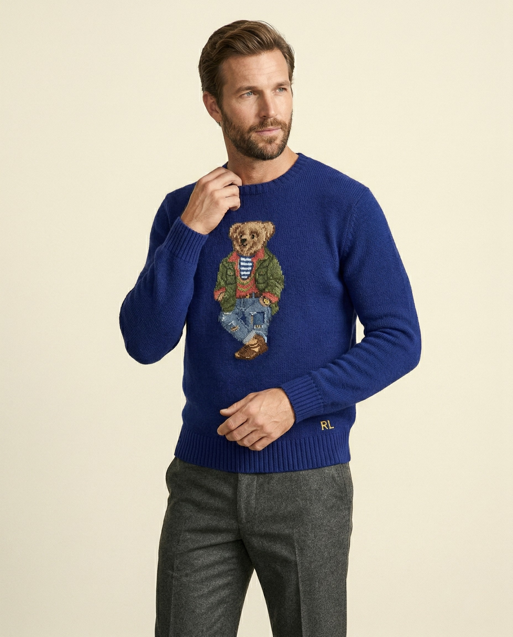 St. Martin Co RL Bear Intarsia Navy Crewneck Knit — side view