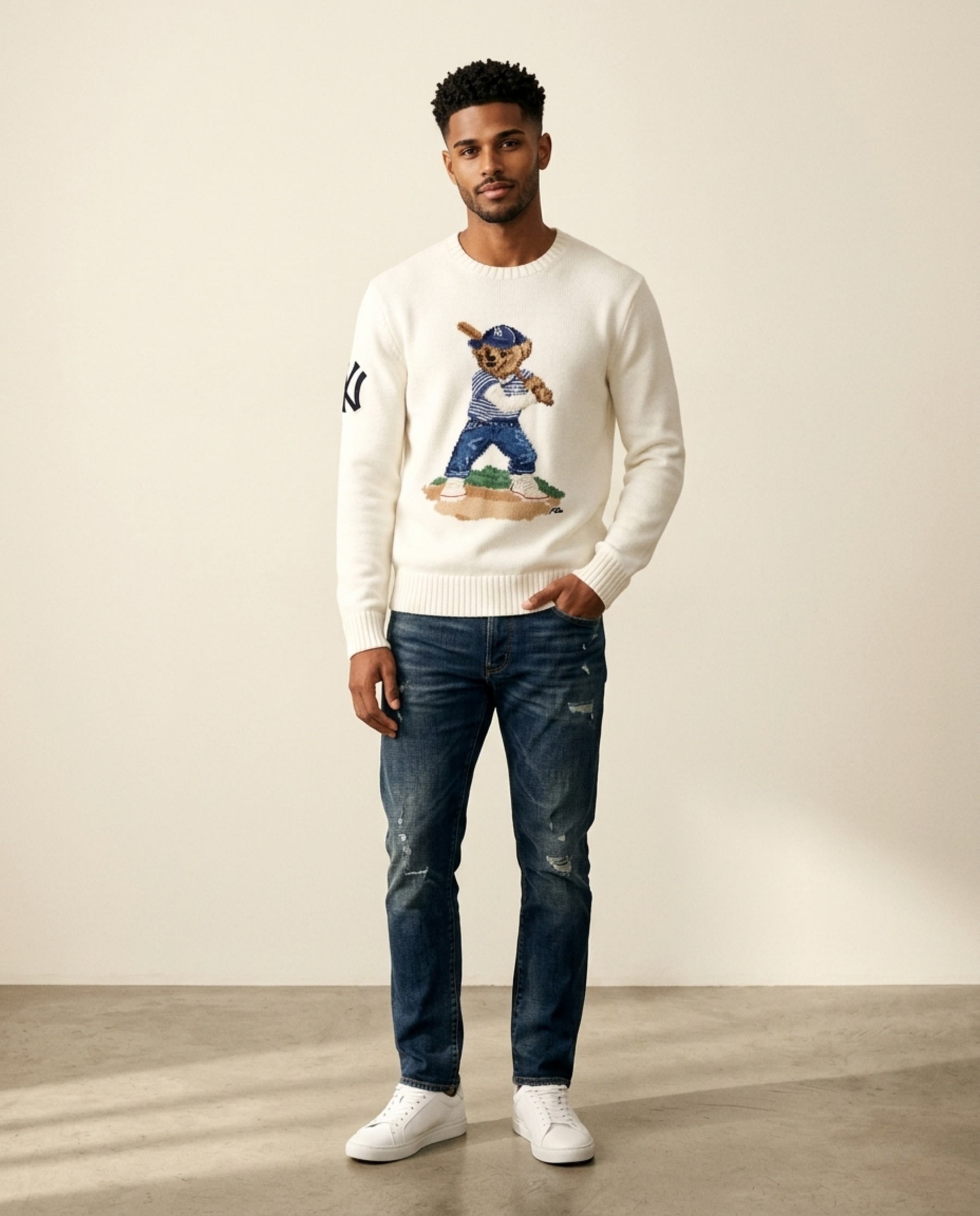 St. Martin Co RL Batter Bear Intarsia Crew Knit — detail view