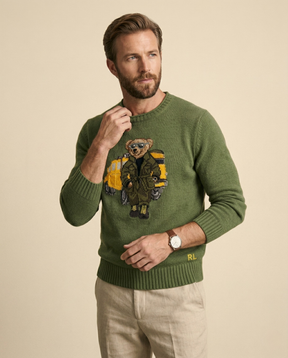 St. Martin Co RL Safari Bear Crewneck in Army Green — detail view