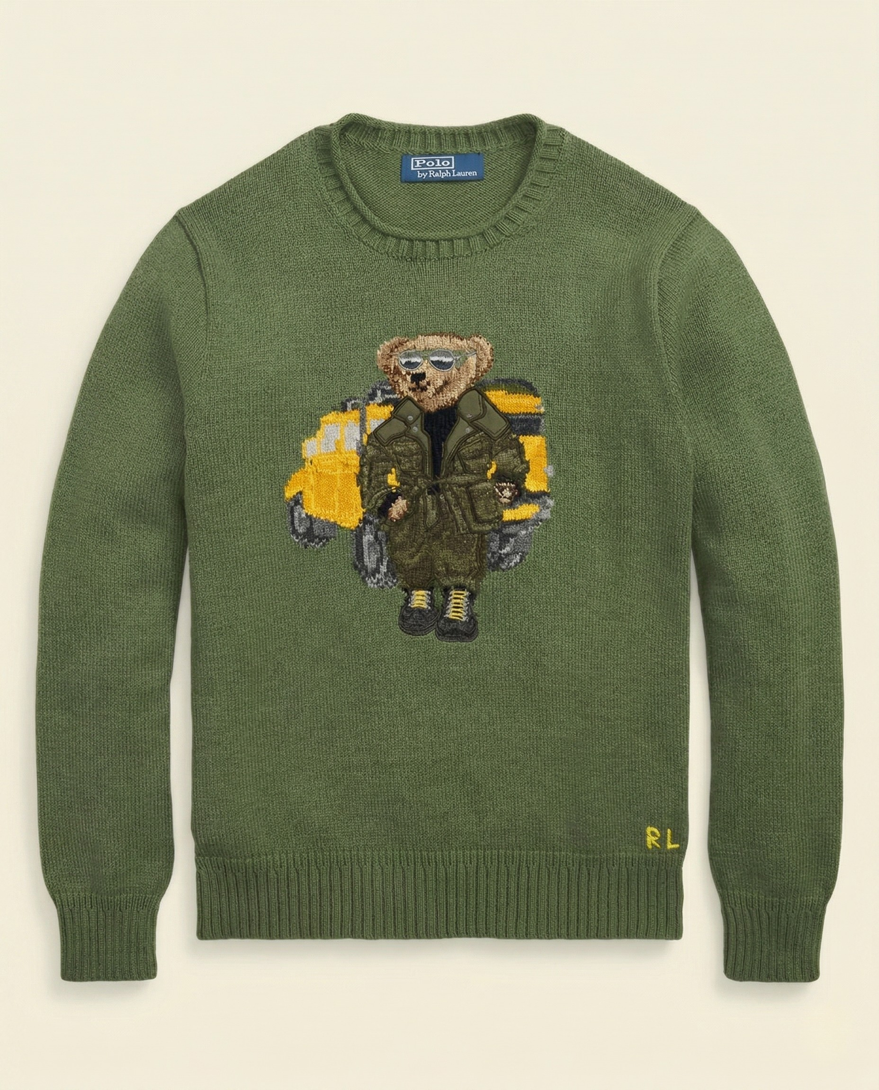 St. Martin Co RL Safari Bear Crewneck in Army Green — front view
