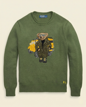 St. Martin Co RL Safari Bear Crewneck in Army Green — front view