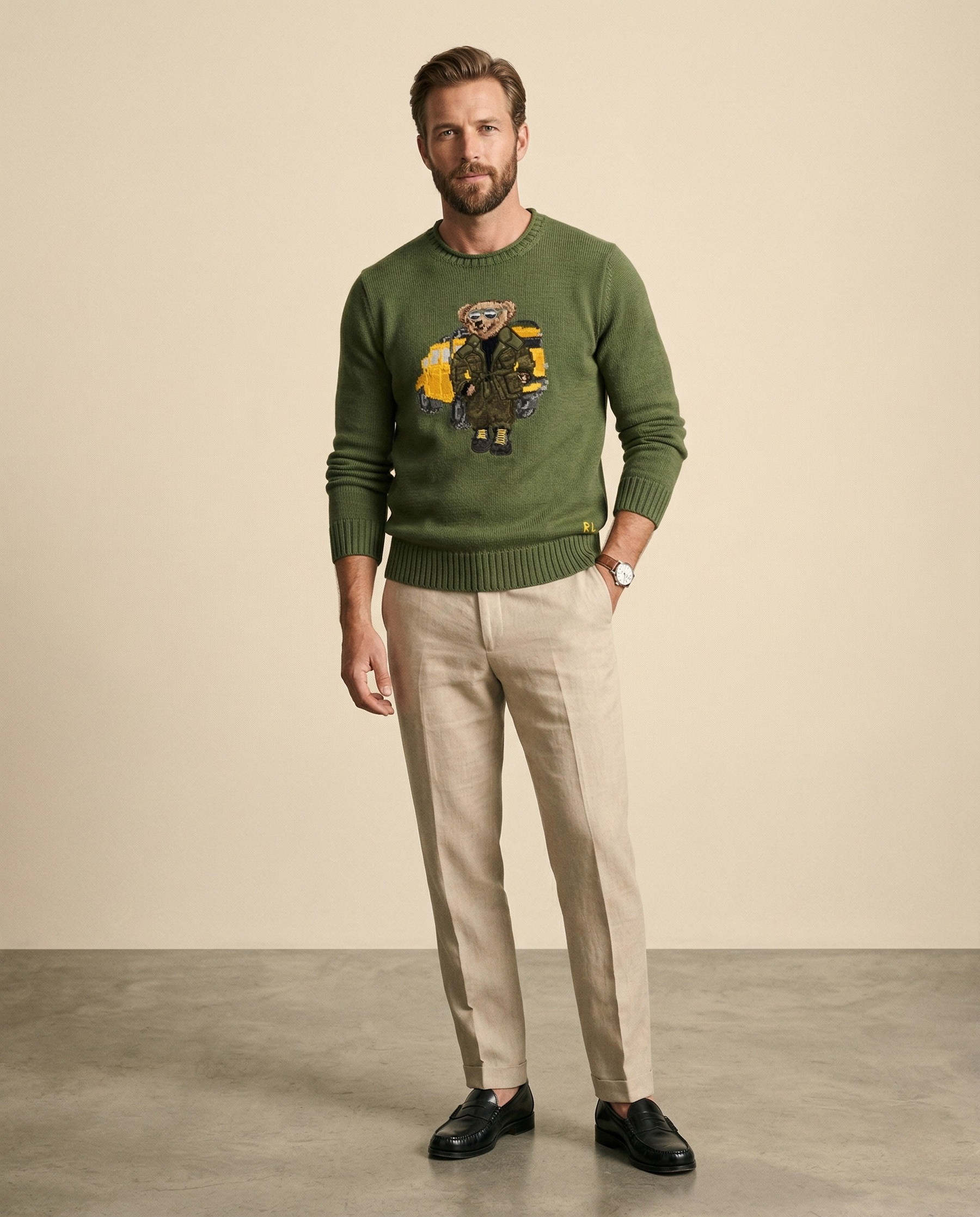 St. Martin Co RL Safari Bear Crewneck in Army Green — side view