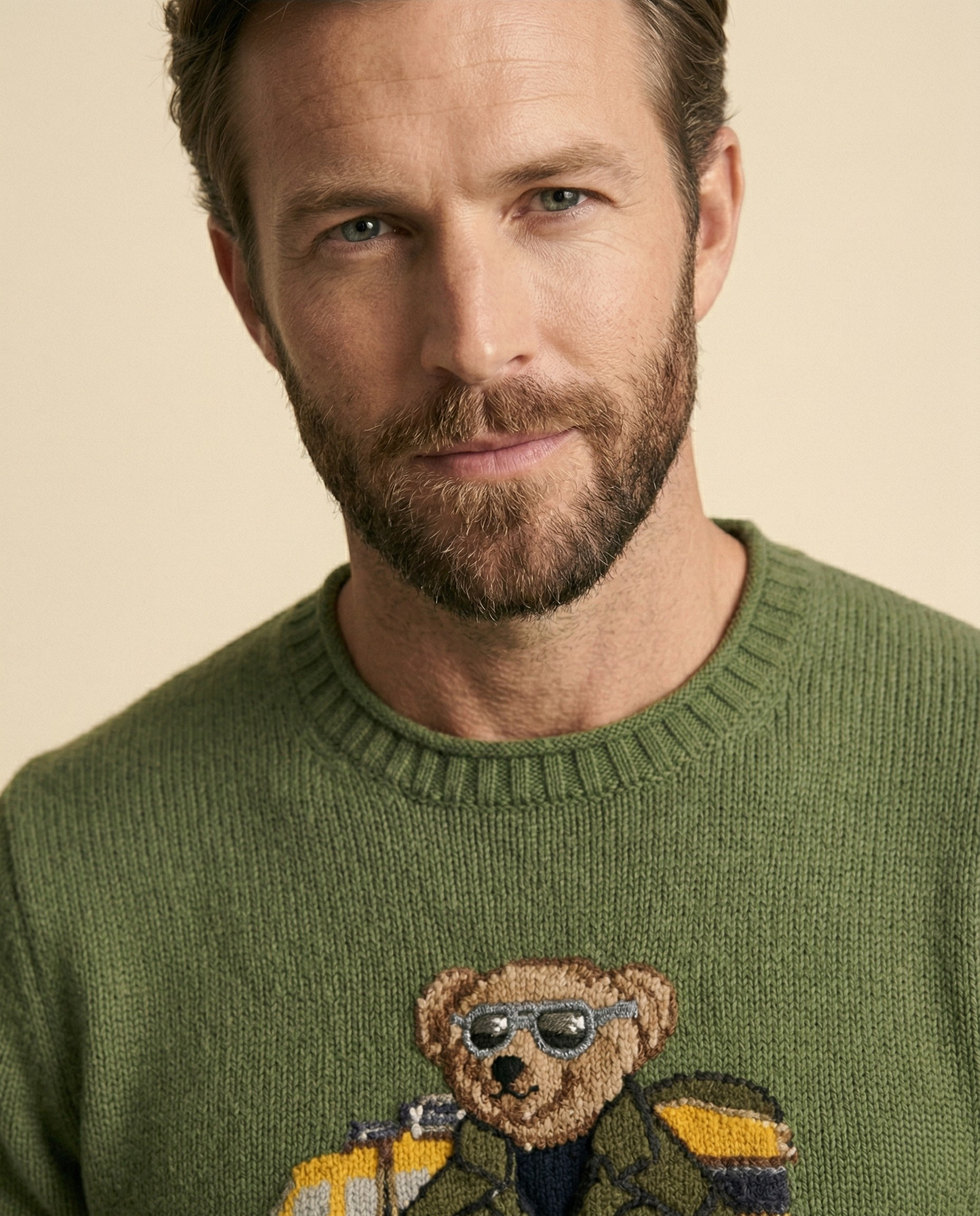 St. Martin Co RL Safari Bear Crewneck in Army Green — back view