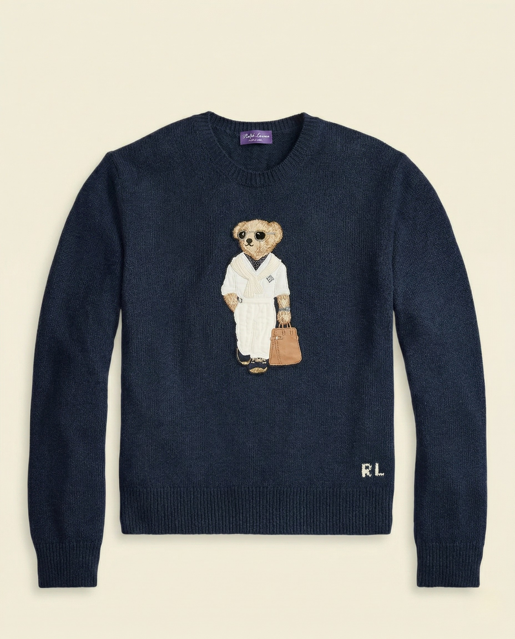 St. Martin Co RL Navy Bear Appliqué Crew Knit — front view