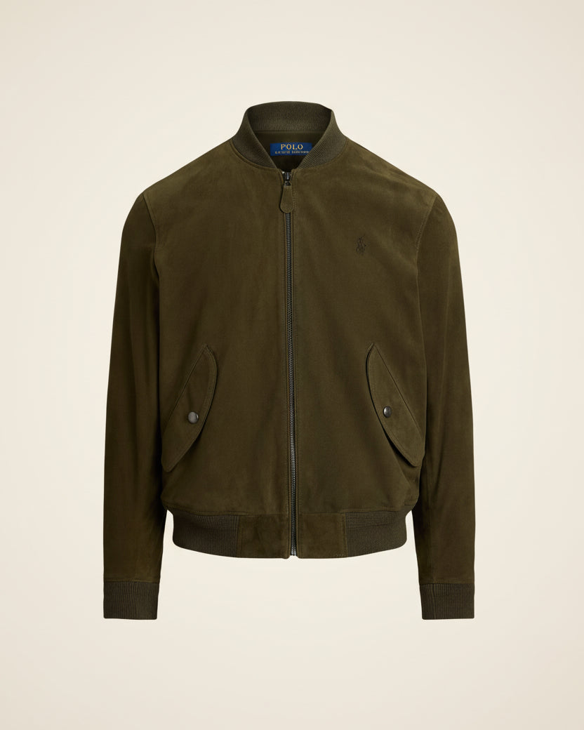 St. Martin Co RL Black Suede Varsity Collar Bomber — lifestyle view