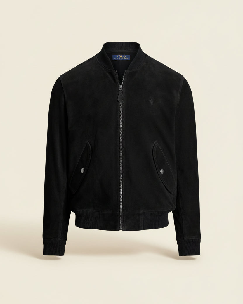 St. Martin Co RL Black Suede Varsity Collar Bomber — detail view