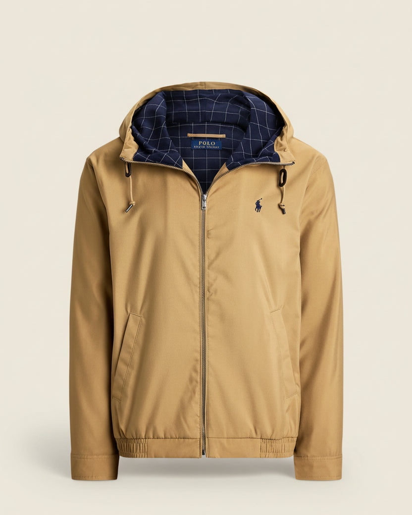 St. Martin Co RL Tan Hooded Cotton Twill Zip Jacket — back view