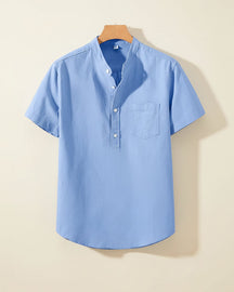 St. Martin Co Blue Linen Half-Placket Grandad Shirt — lifestyle view