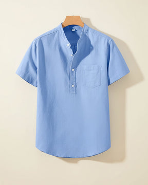 St. Martin Co Blue Linen Half-Placket Grandad Shirt — lifestyle view