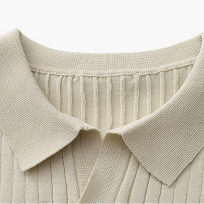 St. Martin Co Ribbed Knit Open-Collar Polo in Stone — detail view