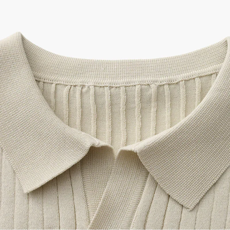 St. Martin Co Ribbed Knit Open-Collar Polo in Stone — detail view