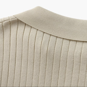 St. Martin Co Ribbed Knit Open-Collar Polo in Stone — detail view