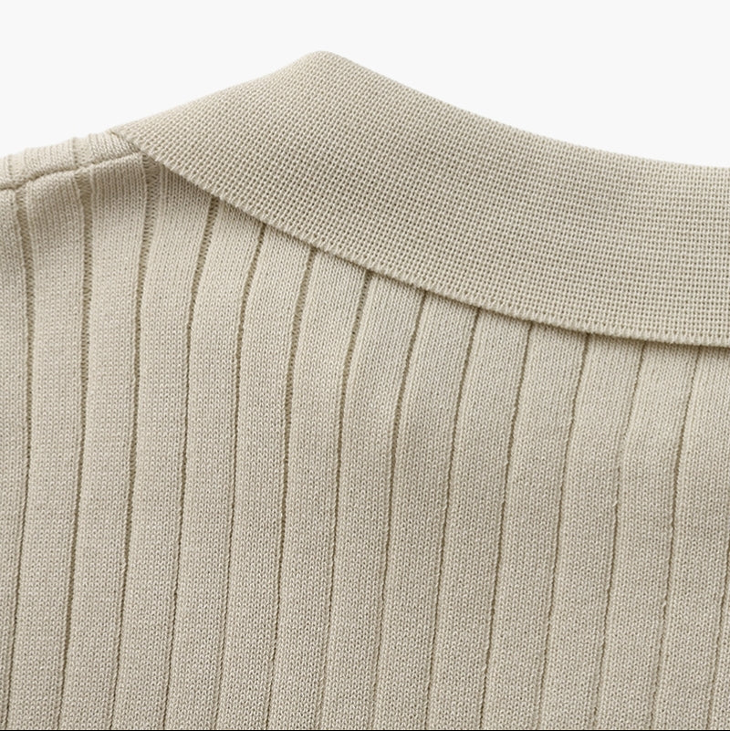 St. Martin Co Ribbed Knit Open-Collar Polo in Stone — detail view