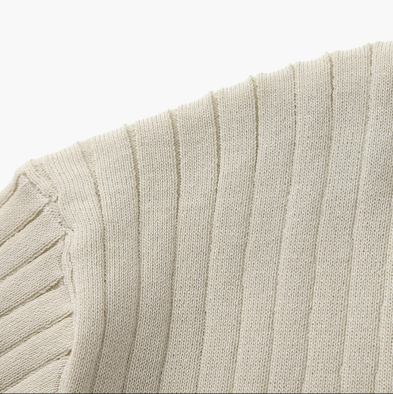 St. Martin Co Ribbed Knit Open-Collar Polo in Stone — detail view